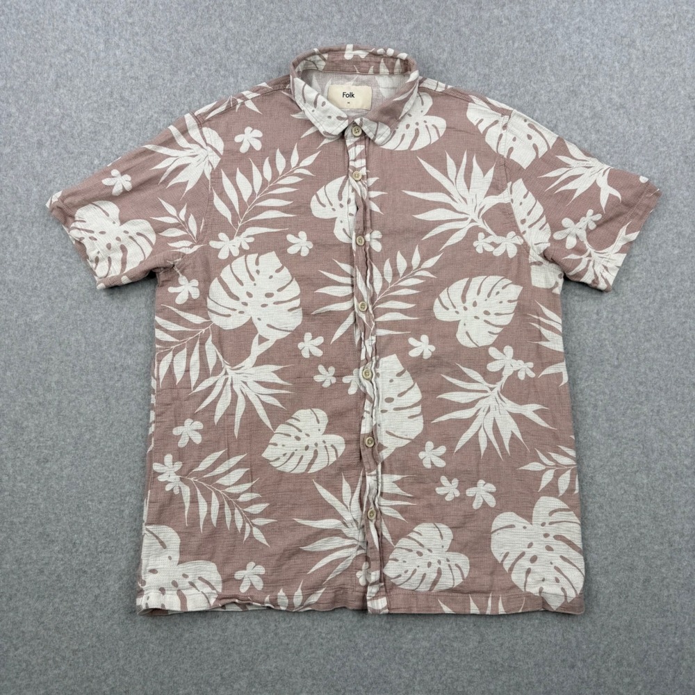 Folk Clothing Shirt Mens Medium Pink Floral Tropical Hawaiian Short Sleeve